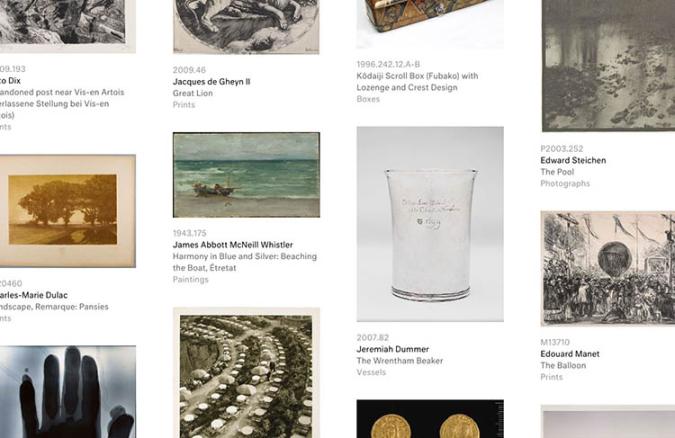 A screenshot from our collections search tool with thumbnails and metadata for a dozen sample objects.