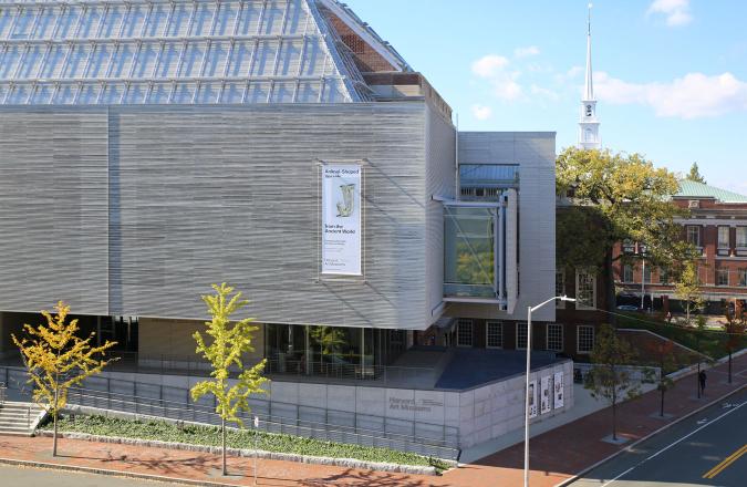 A view of the wood and stone facade and glass roof of the Harvard Art Museums from Cambridge street.