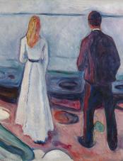 A painting of a man and a woman standing on a colorful rocky shore facing away from the viewer.