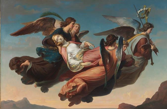 A painting of angelic figures carrying a woman reclining in death.