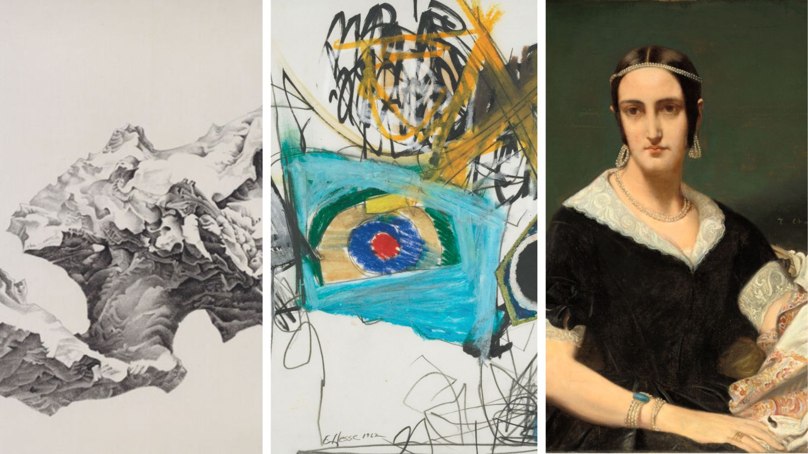 Three images are side by side: a black and white drawing of a rock; a blue, green, yellow, red, and black abstract drawing; and a painting of a woman in a black dress wearing pearls.