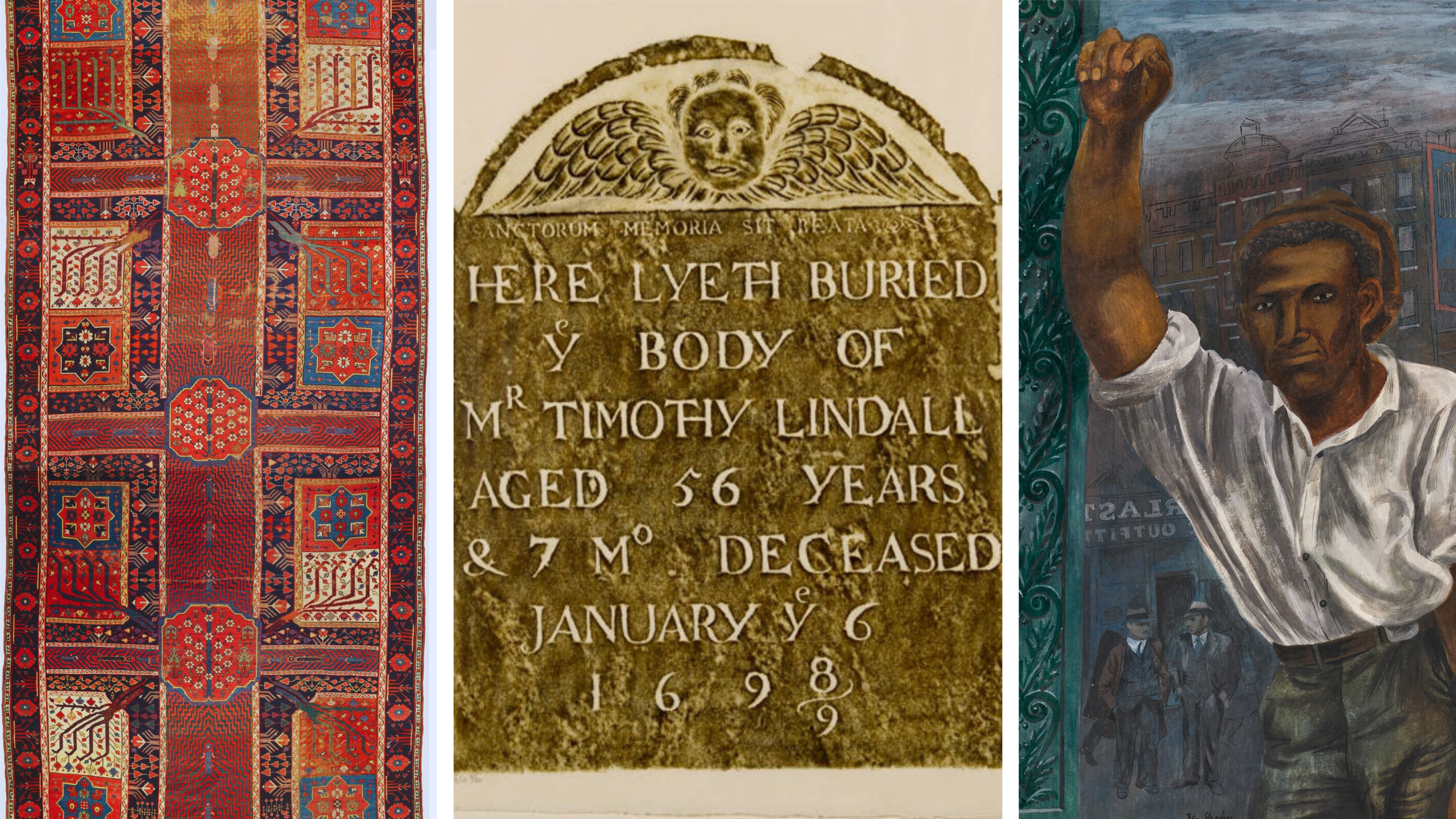 A three-image montage shows a red rug with colorful designs; a brown rubbing of a gravestone with text and an angel; and a painting of a dark-skinned man in a white shirt leaning against a carved door frame.