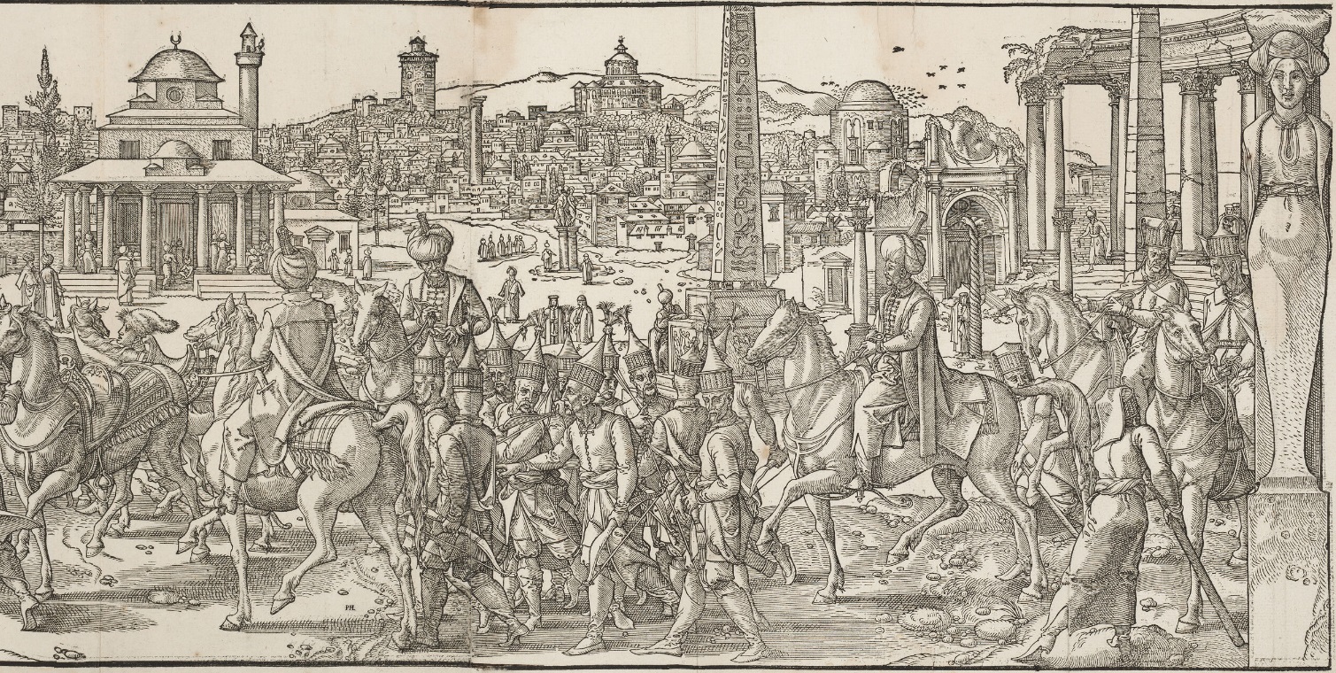 A procession of an Ottoman sultan on horseback, accompanied by soldiers on foot and on horseback.